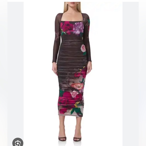 58. AFRM $98 Floral Long Sleeve Square Neck Mesh Ruched Dress - Picture 1 of 1